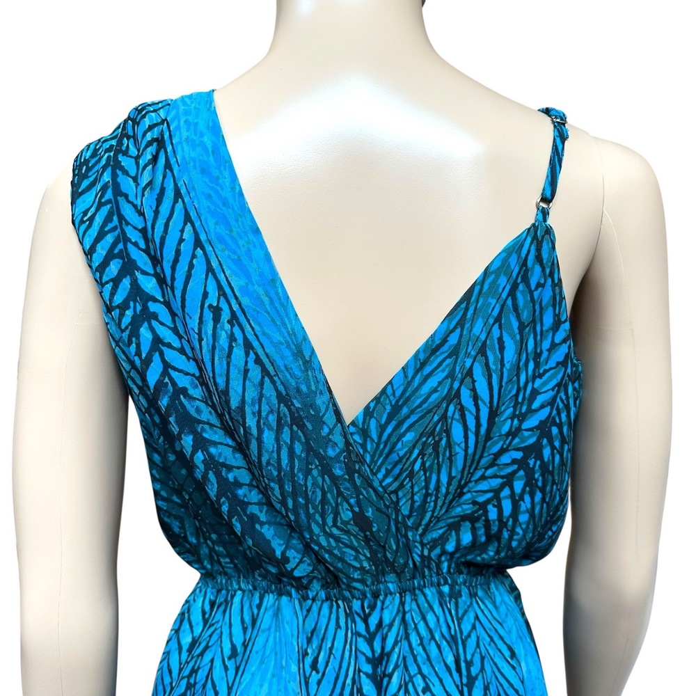 Bebe Blue Abstract Faux Wrap Draped Mini Dress Sleeveless Tulip Hem Airy Size XS - Picture 9 of 10